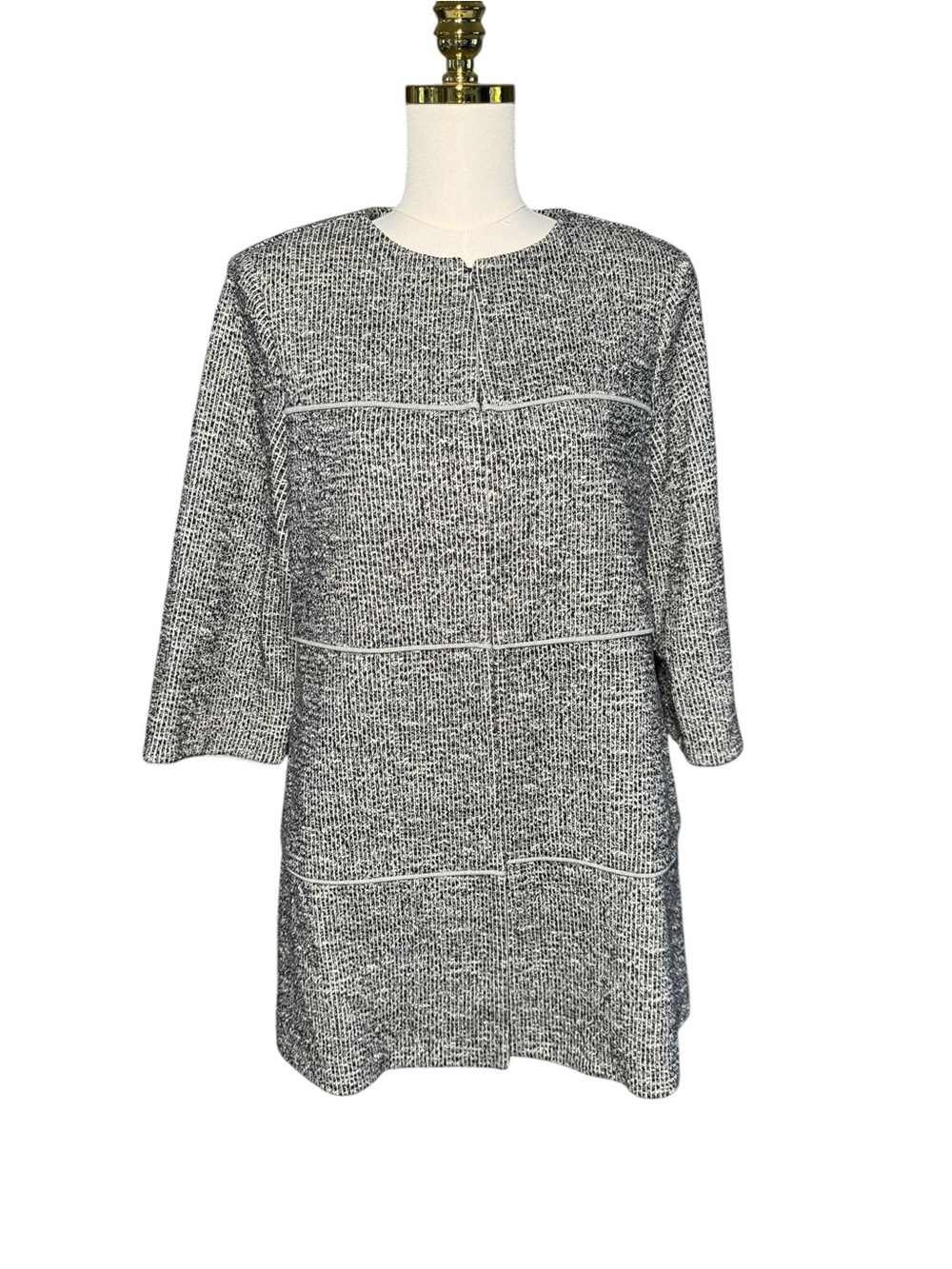 CAbi Black White Boucle Knit Jacket M Tiered Peplum Leopard Lining Tweed